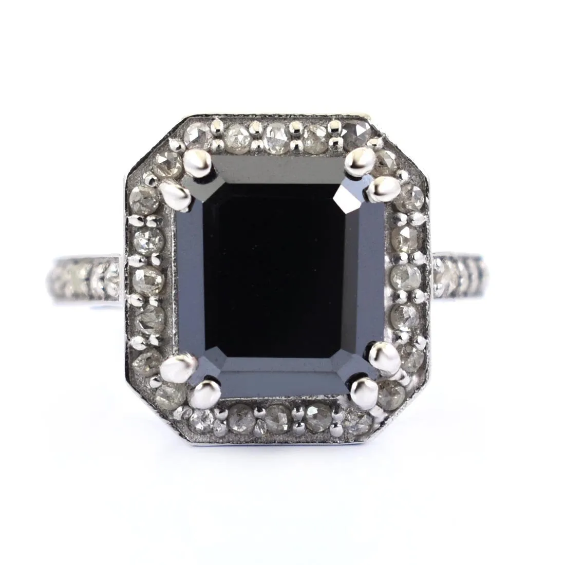 3.50 Ct Lovely Black Diamond Ring With Rose Cut Diamond Accents, Certified Diamond! Full of Fire, Ideal Gift