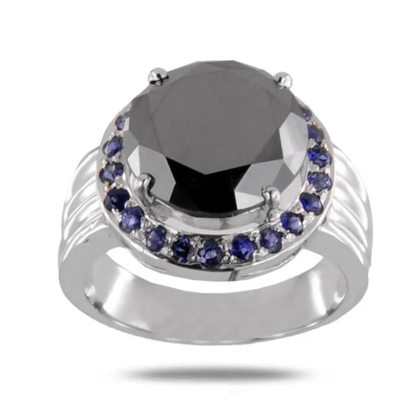 4 Carat to 5 Ct Lovely Black Diamond Solitaire Designer Ring with Blue Sapphire Gemstone Accents, Ideal Gift for Anniversary, Birthday