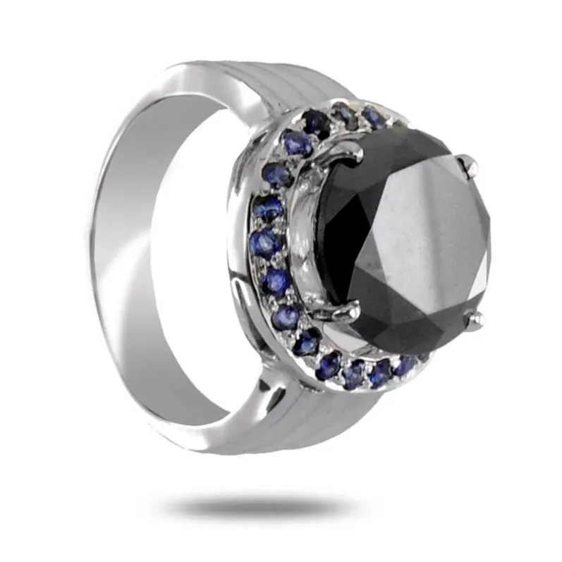 4 Carat to 5 Ct Lovely Black Diamond Solitaire Designer Ring with Blue Sapphire Gemstone Accents, Ideal Gift for Anniversary, Birthday
