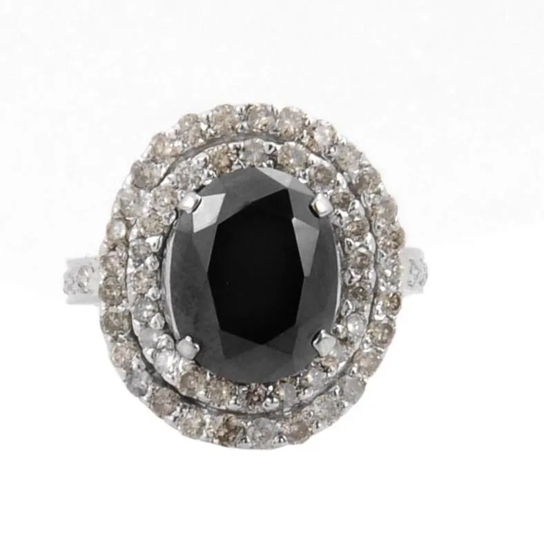 4 Ct, AAA Certified Black Diamond Ring with White Diamond Accents, Very Elegant & Great Sparkle