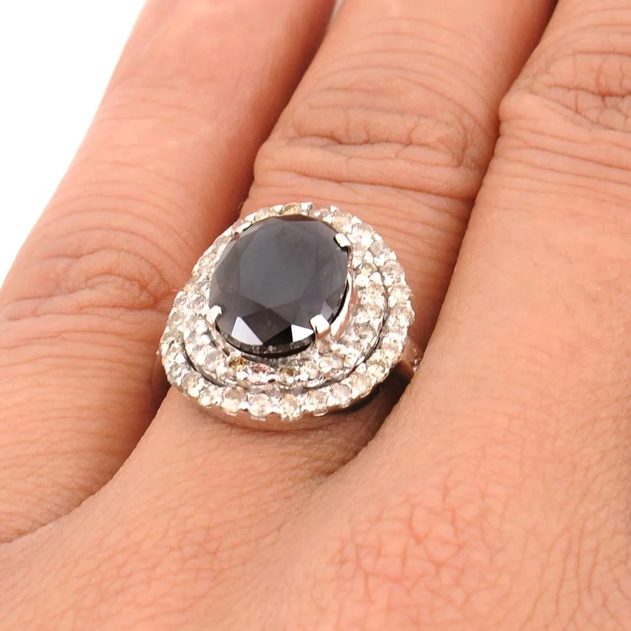 4 Ct, AAA Certified Black Diamond Ring with White Diamond Accents, Very Elegant & Great Sparkle