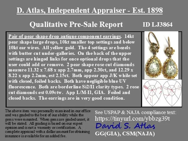 4.54ctw (est) Antique Pear Rose Cut Diamond Drop Earrings