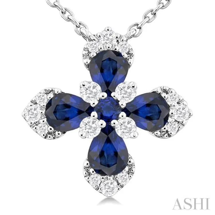 4x3 MM Pear and 2 MM Round Sapphire and 1/6 ctw Round Cut Diamond Floral Blossom Precious Pendant With Chain in 14K white Gold