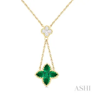4x3 MM Pear Cut & 1.9 MM Princess Cut Emerald and 1/10 ctw Round Cut Diamond Floral Blossom Precious Necklace in 14K Yellow Gold