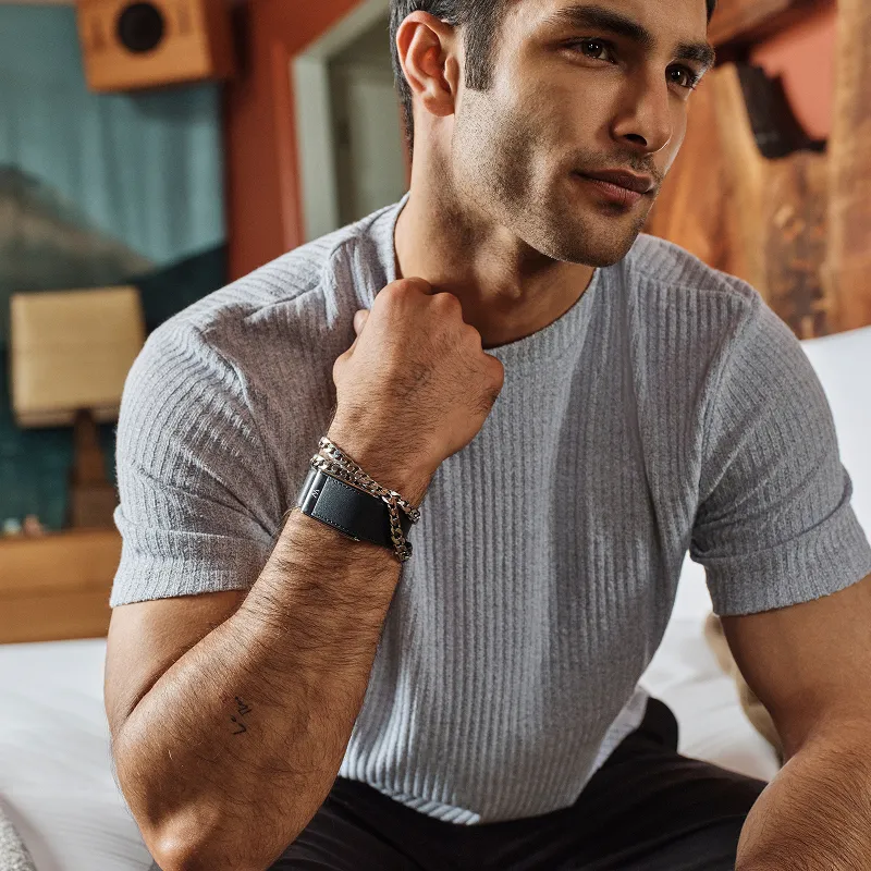 5.0 LeatherLuxe Straight Band | Black/Cream with Titanium
