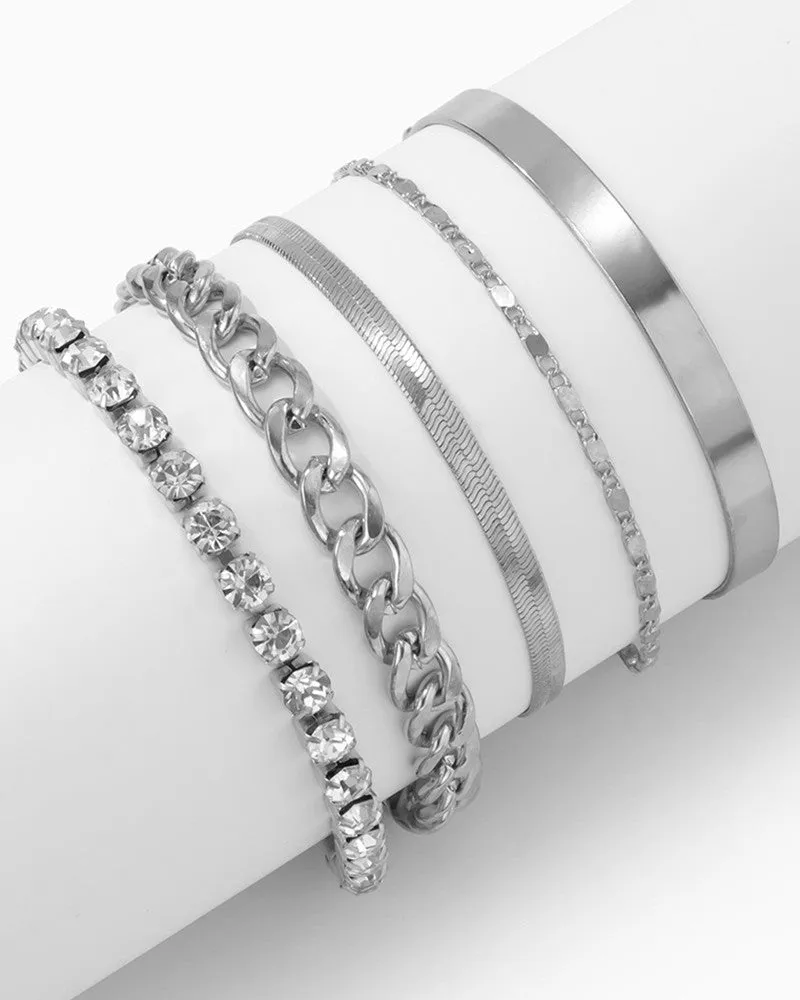 5pcs Women's Fashion Gorgeous Faux Diamond Geometric Cutout Bracelets Set