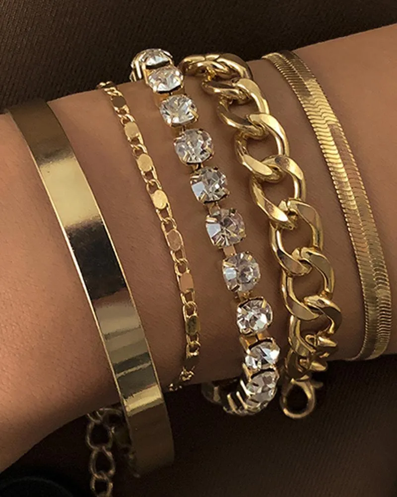 5pcs Women's Fashion Gorgeous Faux Diamond Geometric Cutout Bracelets Set