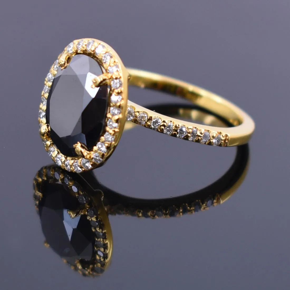 6 Ct Black Diamond Ring With White Diamond Accents in Halo Setting with Yellow Finish. Beautiful Gift for Wife, Anniversary