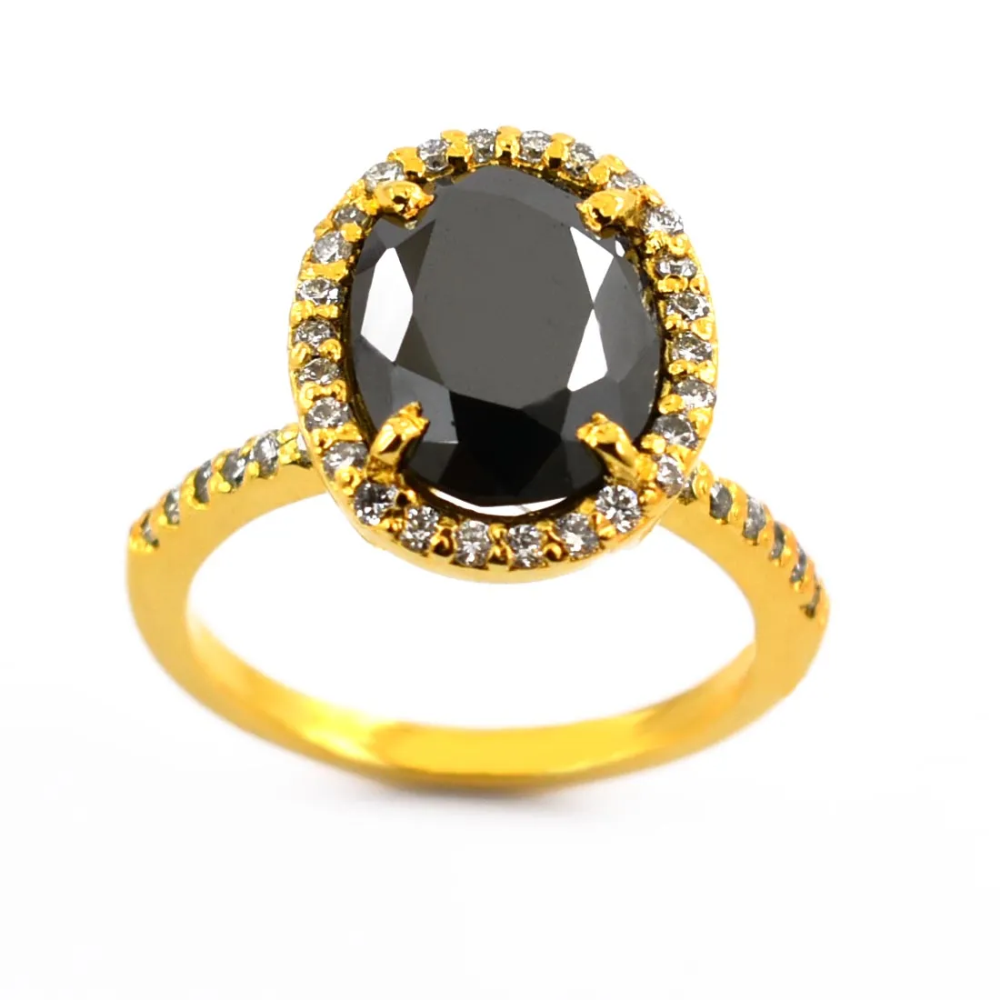 6 Ct Black Diamond Ring With White Diamond Accents in Halo Setting with Yellow Finish. Beautiful Gift for Wife, Anniversary