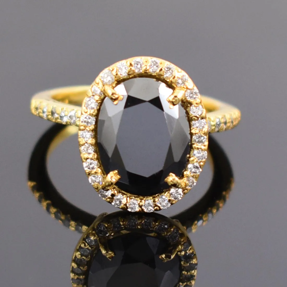 6 Ct Black Diamond Ring With White Diamond Accents in Halo Setting with Yellow Finish. Beautiful Gift for Wife, Anniversary