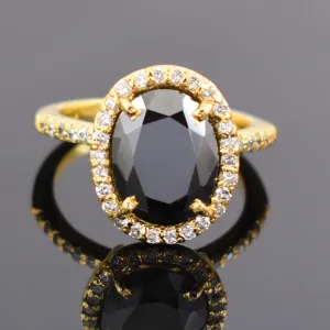 6 Ct Black Diamond Ring With White Diamond Accents in Halo Setting with Yellow Finish. Beautiful Gift for Wife, Anniversary