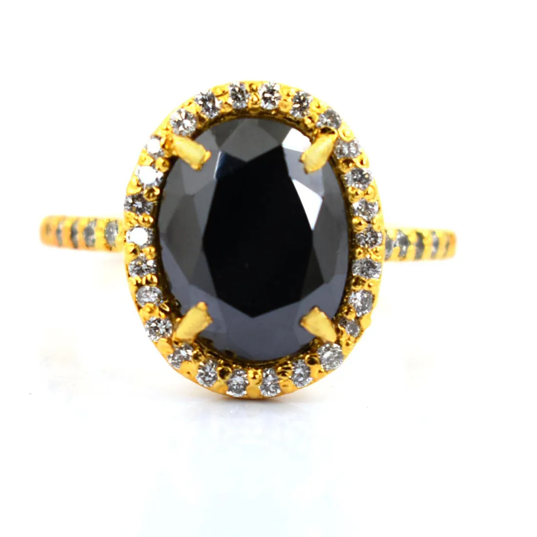 6 Ct Black Diamond Ring With White Diamond Accents in Halo Setting with Yellow Finish. Beautiful Gift for Wife, Anniversary