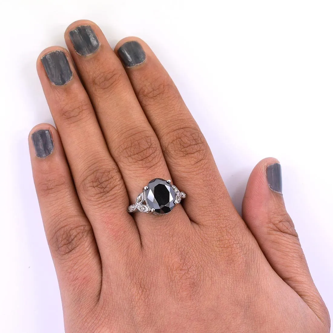 6 Ct Certified Lovely Black Diamond Ring With Diamond Accents, Great Shine & Excellent Cut