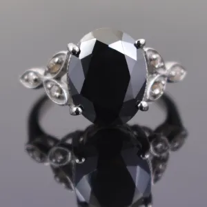 6 Ct Certified Lovely Black Diamond Ring With Diamond Accents, Great Shine & Excellent Cut