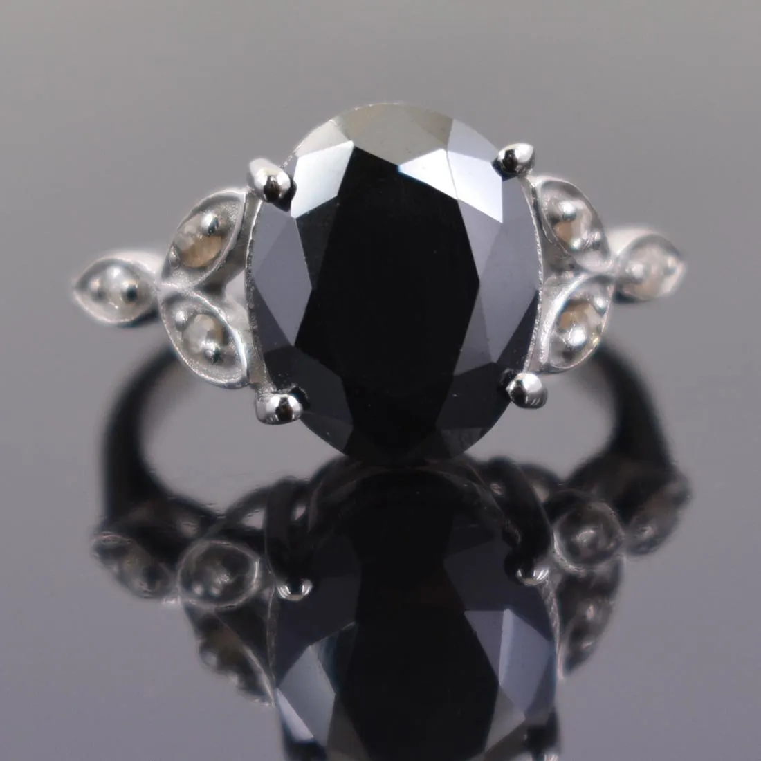 6 Ct Certified Lovely Black Diamond Ring With Diamond Accents, Great Shine & Excellent Cut