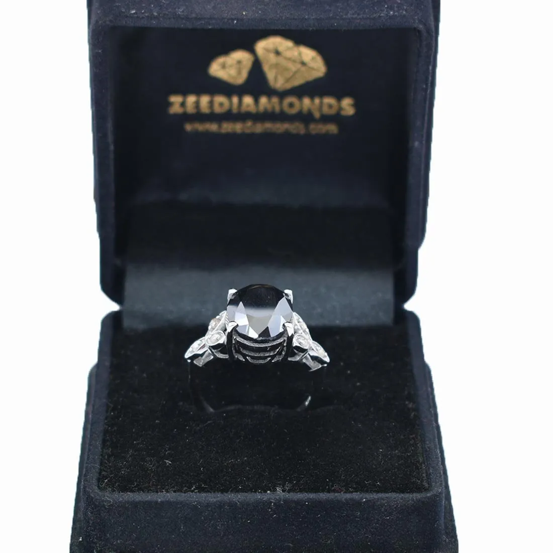 6 Ct Certified Lovely Black Diamond Ring With Diamond Accents, Great Shine & Excellent Cut