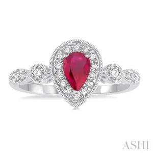 6X4 MM Pear shape Ruby Center and 1/4 Ctw Round Cut Diamond Ring in 14K White Gold