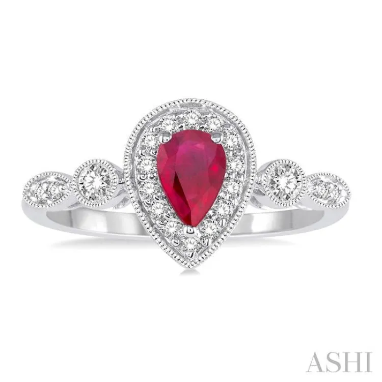 6X4 MM Pear shape Ruby Center and 1/4 Ctw Round Cut Diamond Ring in 14K White Gold