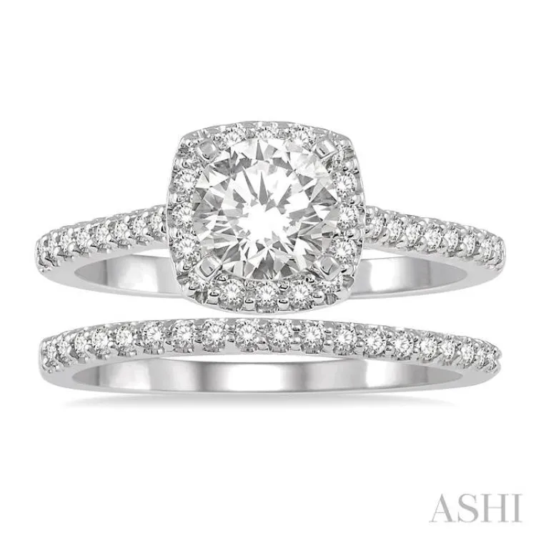 7/8 Ctw Diamond Wedding Set With 3/4 Ctw round Cut Engagement Ring and 1/6 Ctw Wedding Band in 14k White Gold