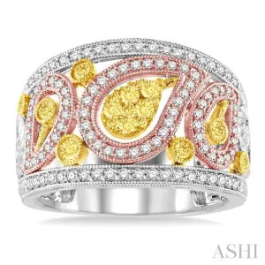 7/8 Ctw Round Cut Yellow and White Diamond Fashion Ring in 14K Tri Color Gold
