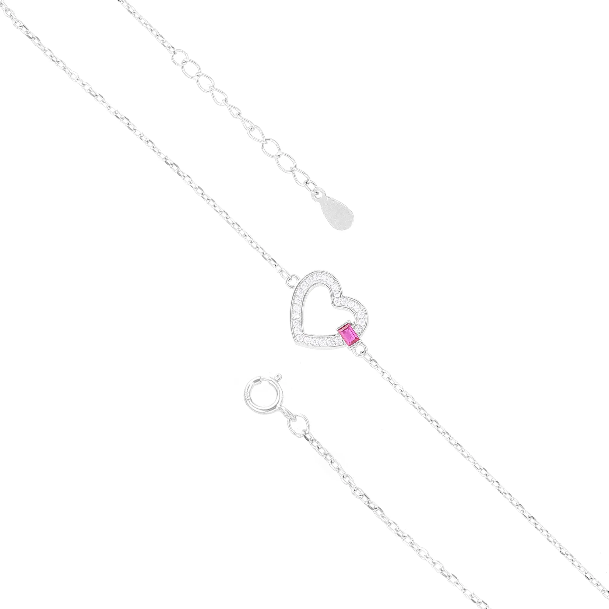 925 Rhodium Plated Delicate Heart Pink Stone Bracelets