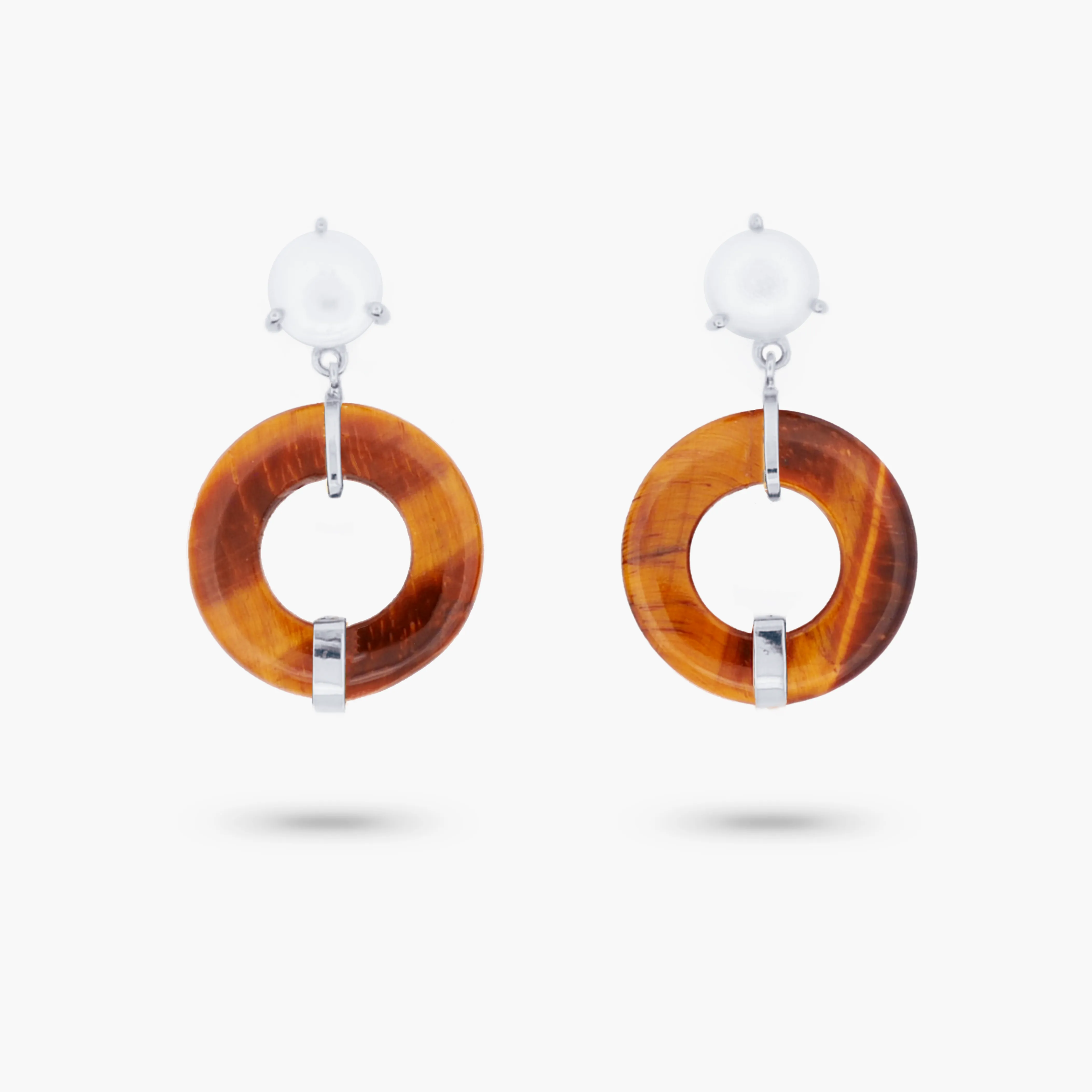 Amare Wear Oriental Inspired Freshwater Pearl and Tiger Eyes Dangle Earrings
