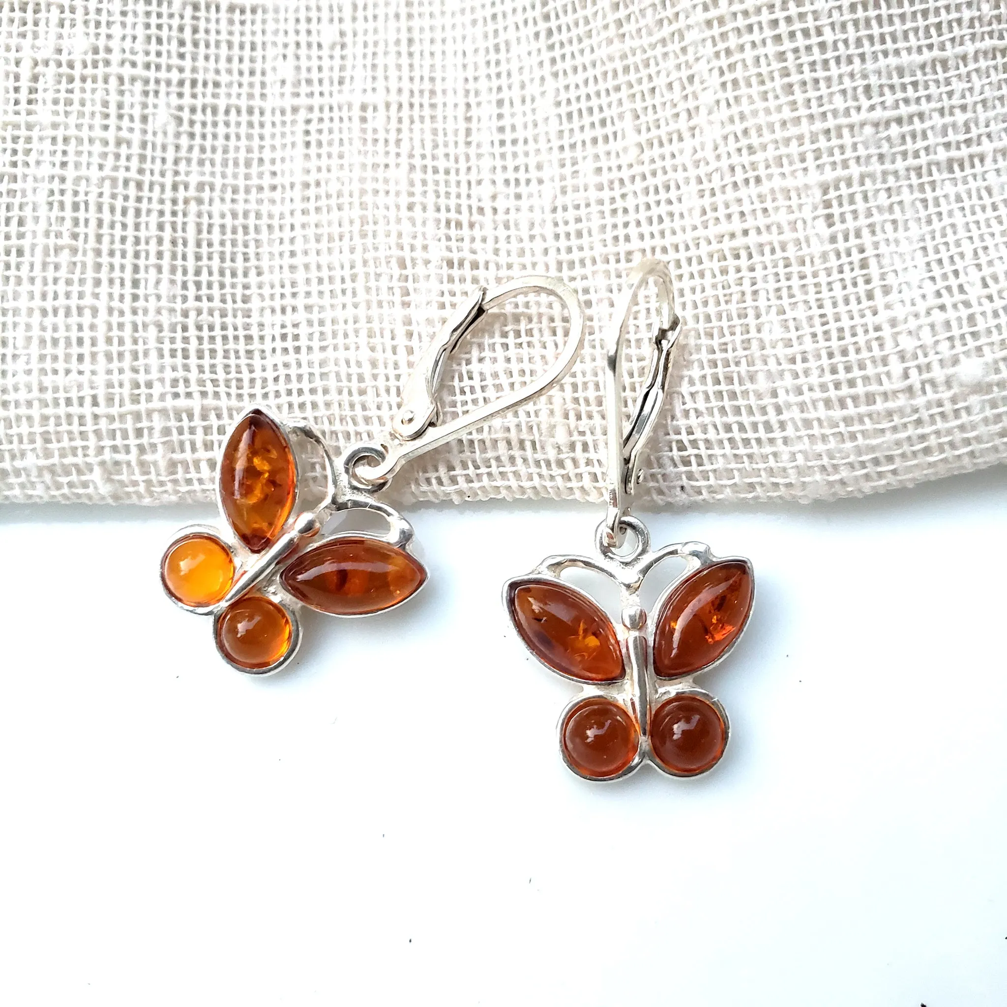 Amber Butterfly Dangle Earrings in Sterling Silver