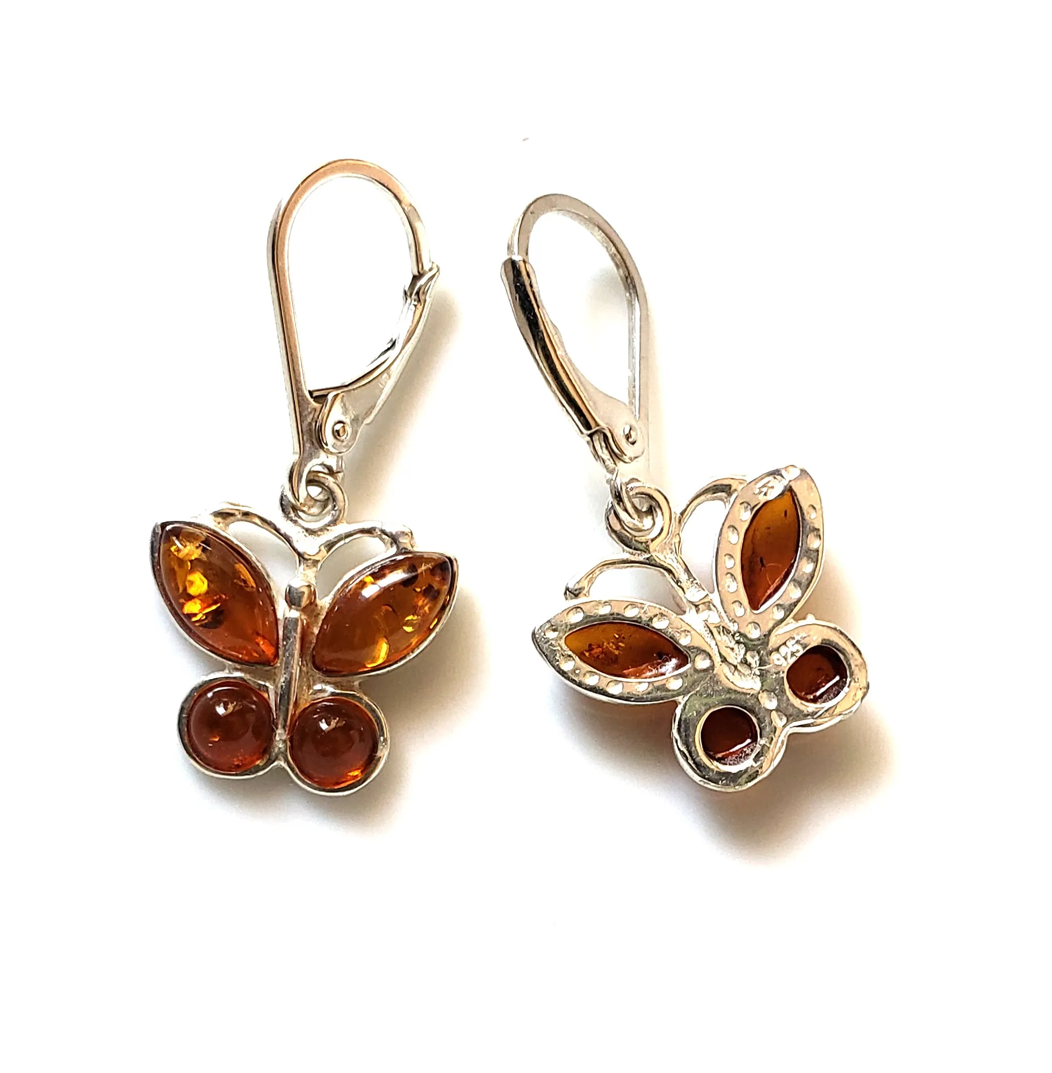 Amber Butterfly Dangle Earrings in Sterling Silver