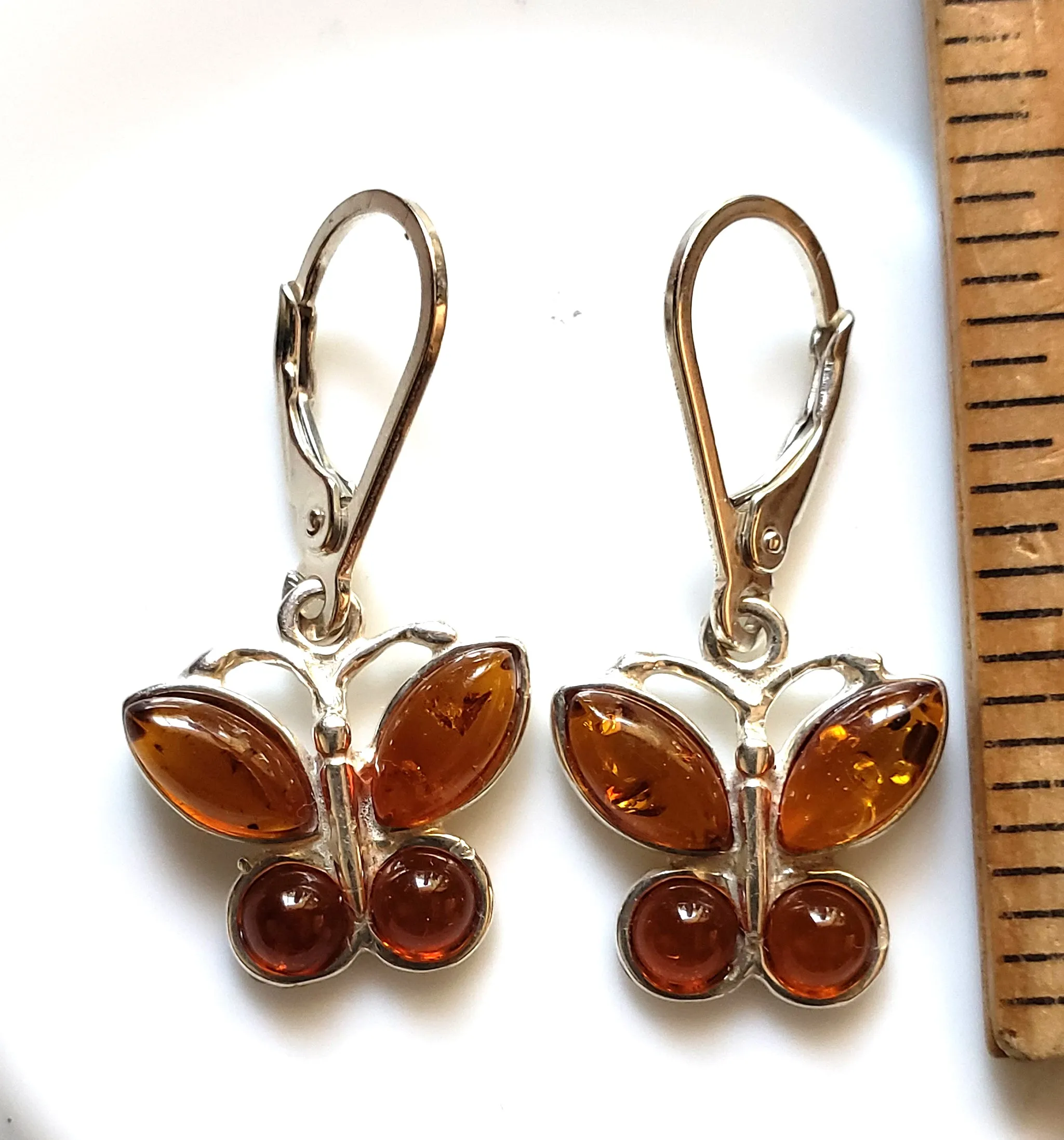 Amber Butterfly Dangle Earrings in Sterling Silver