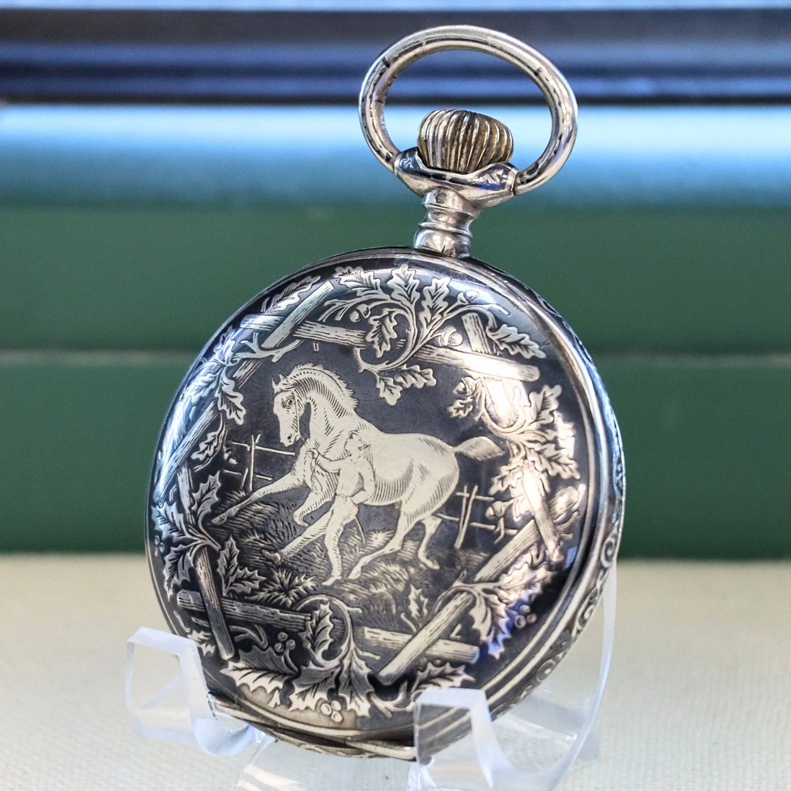 Antique 1900s Swiss Pocket Watch Lever Set Hunter Niello .800 Silver & Rose Gold Inlay Case 15 Rubis