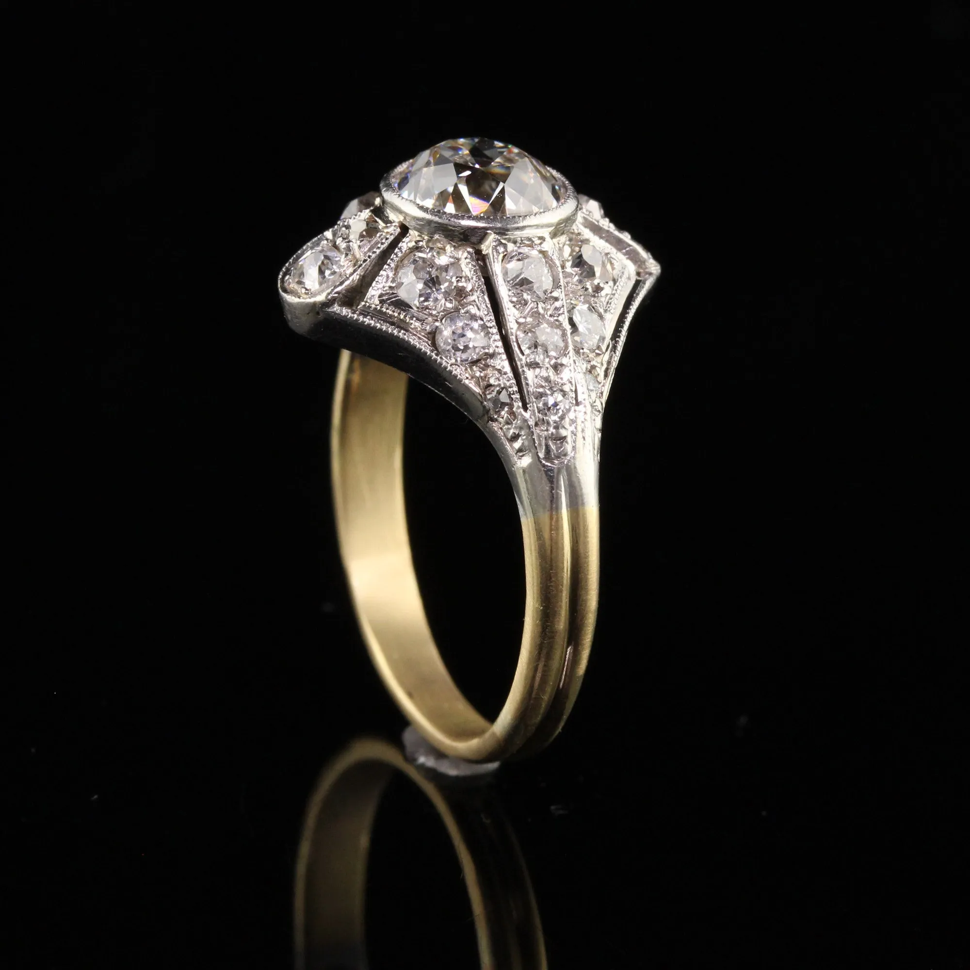 Antique Art Deco Platinum and Yellow Gold Old European Diamond Engagement Ring