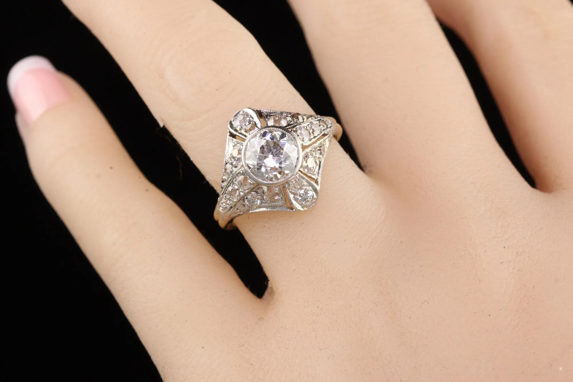 Antique Art Deco Platinum and Yellow Gold Old European Diamond Engagement Ring