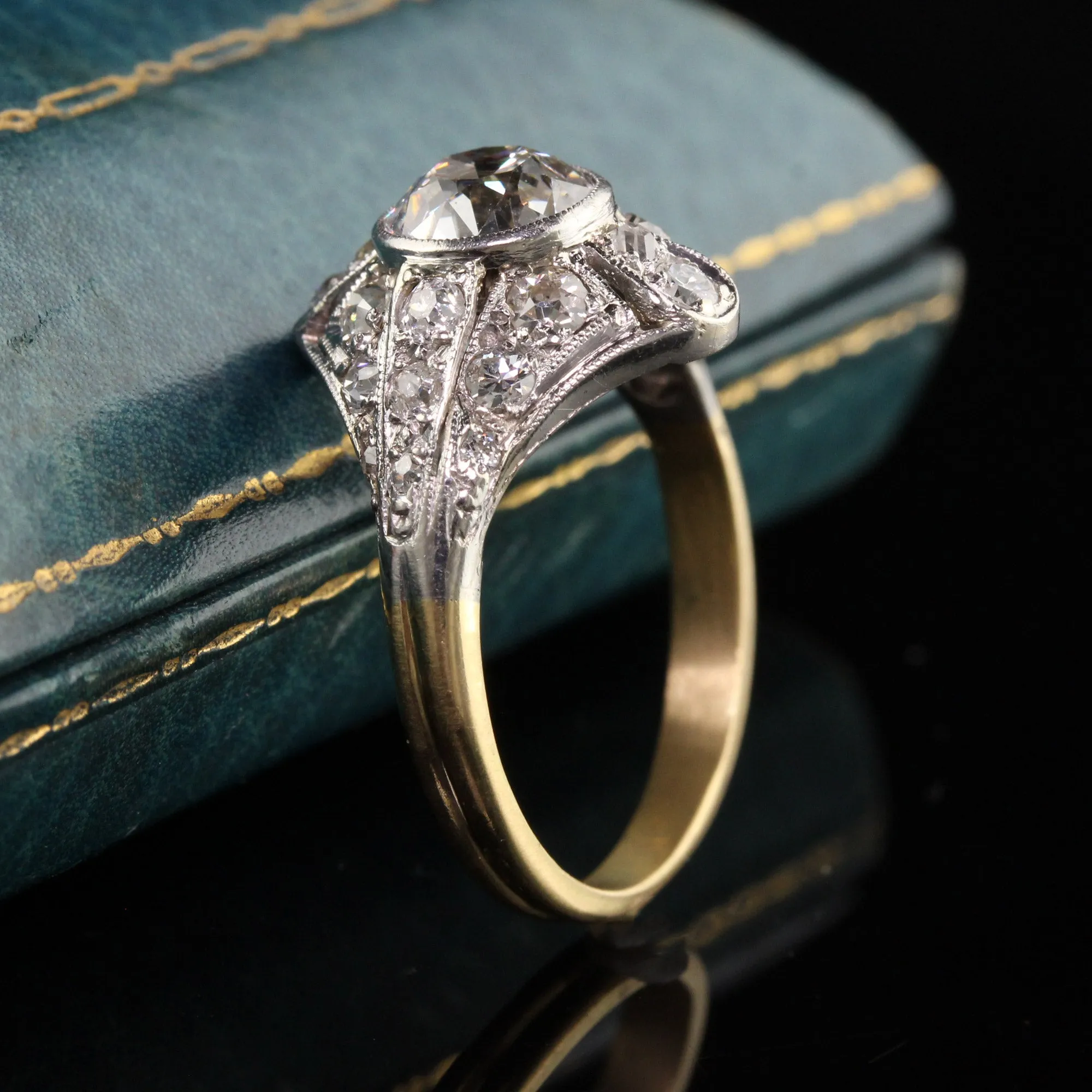 Antique Art Deco Platinum and Yellow Gold Old European Diamond Engagement Ring