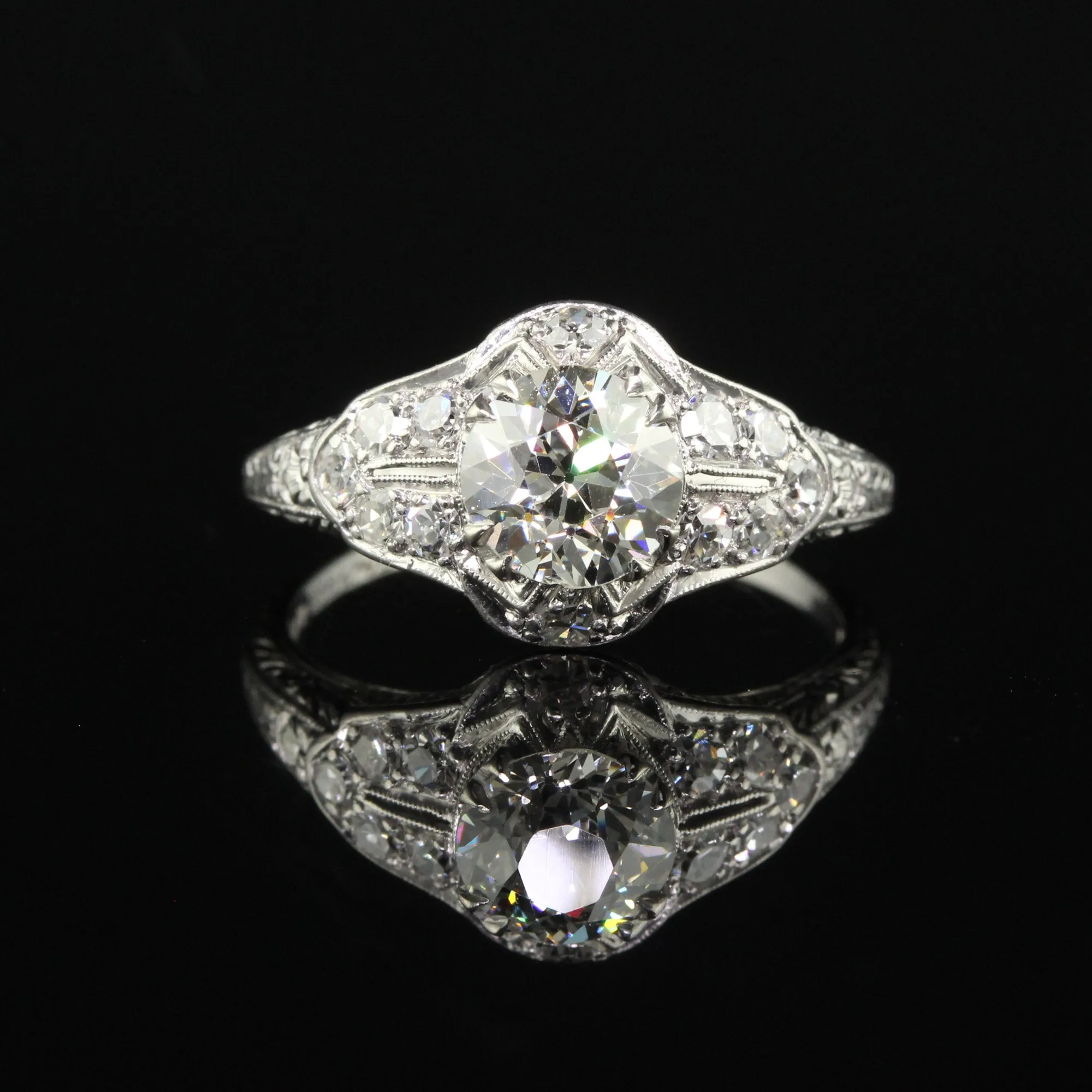 Antique Art Deco Platinum Old Euro Diamond Filigree Engagement Ring - GIA