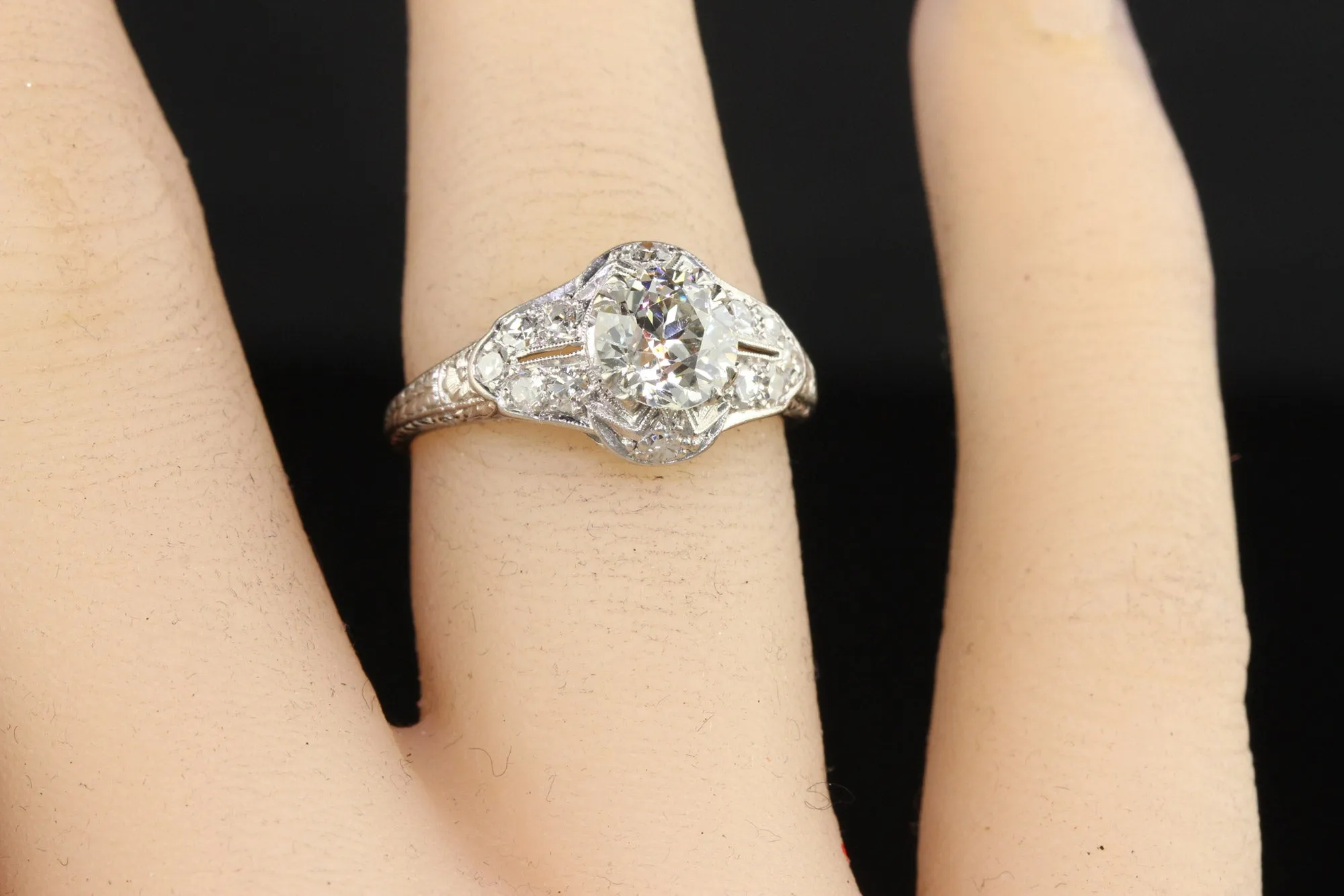 Antique Art Deco Platinum Old Euro Diamond Filigree Engagement Ring - GIA
