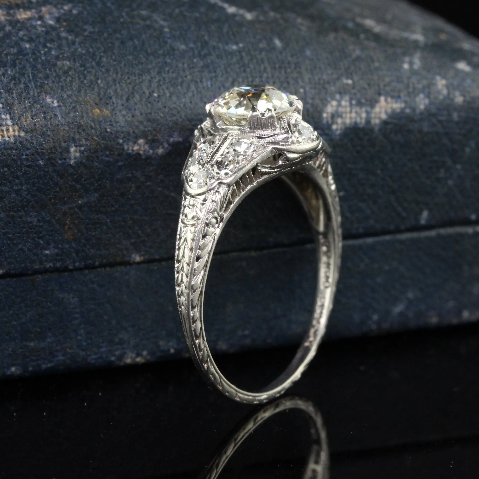 Antique Art Deco Platinum Old Euro Diamond Filigree Engagement Ring - GIA
