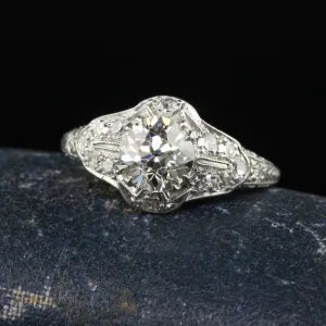 Antique Art Deco Platinum Old Euro Diamond Filigree Engagement Ring - GIA