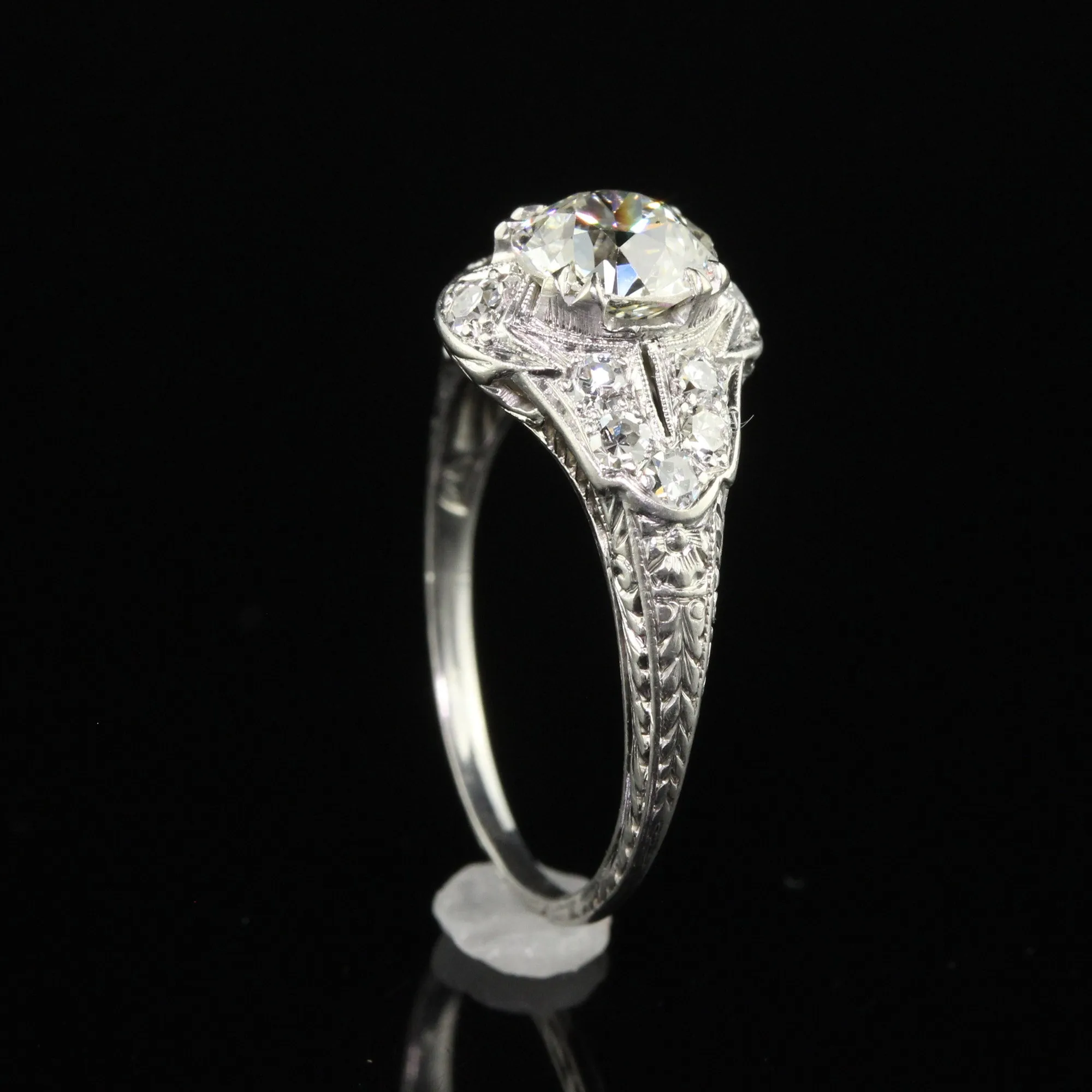 Antique Art Deco Platinum Old Euro Diamond Filigree Engagement Ring - GIA