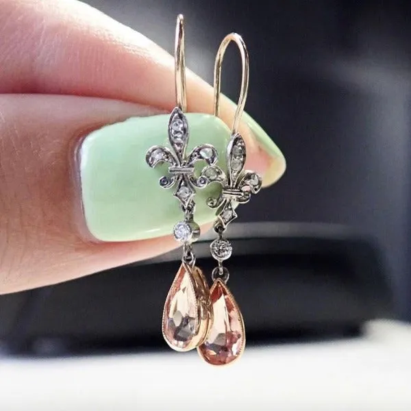 Antique Diamond Fleur de Lis & Topaz Earrings