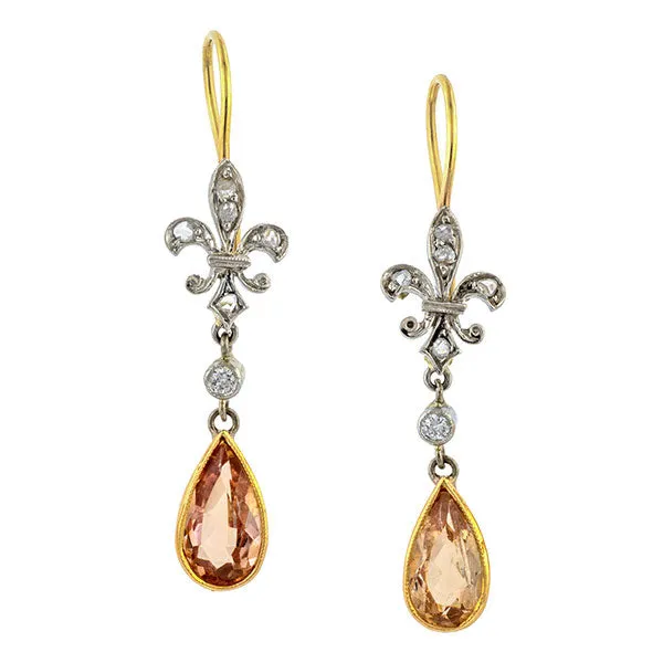 Antique Diamond Fleur de Lis & Topaz Earrings
