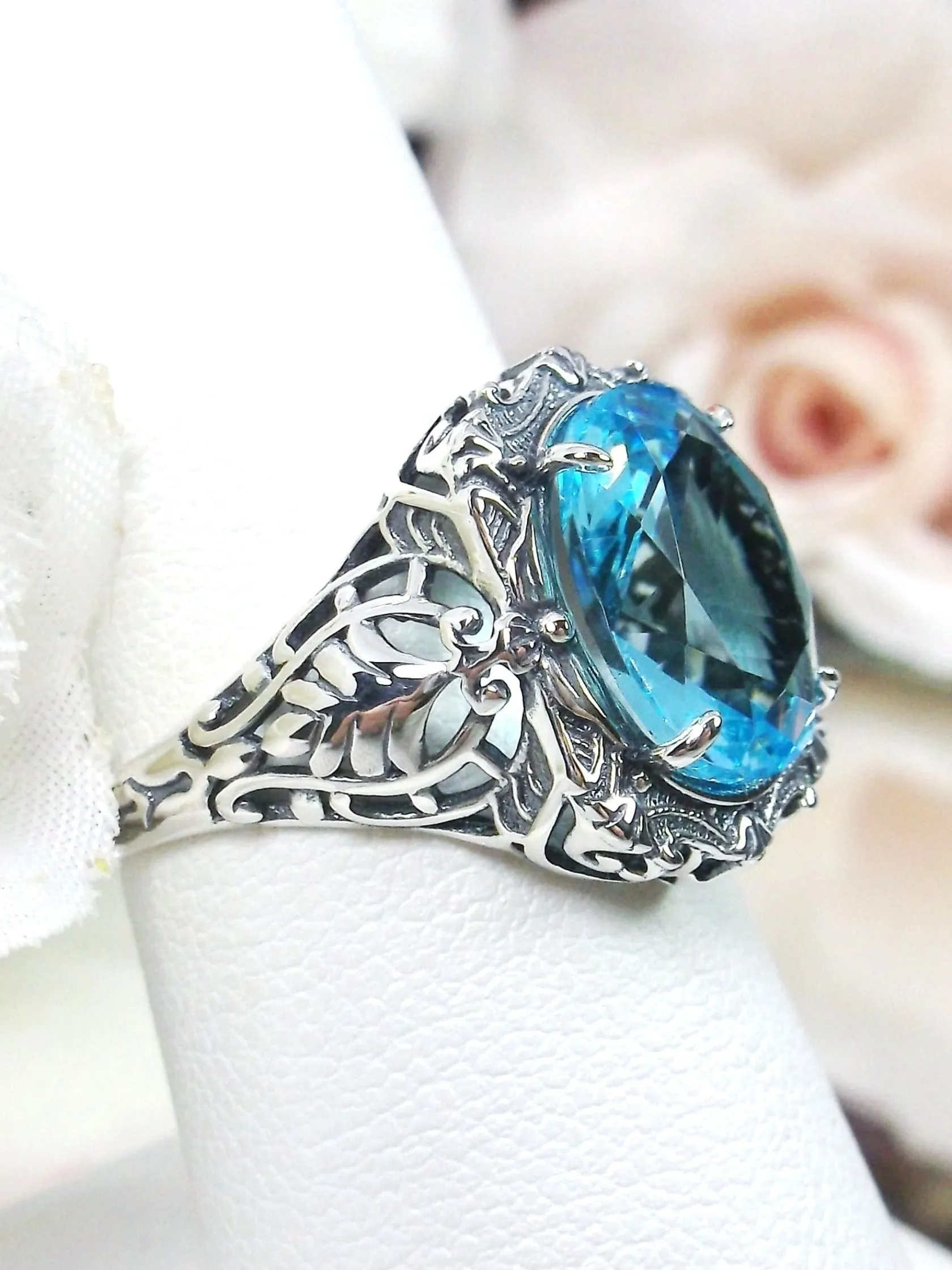 Aquamarine Ring, Oval Art Nouveau Style, Vintage Sterling Silver Filigree Ring, Beauty Ring, D229