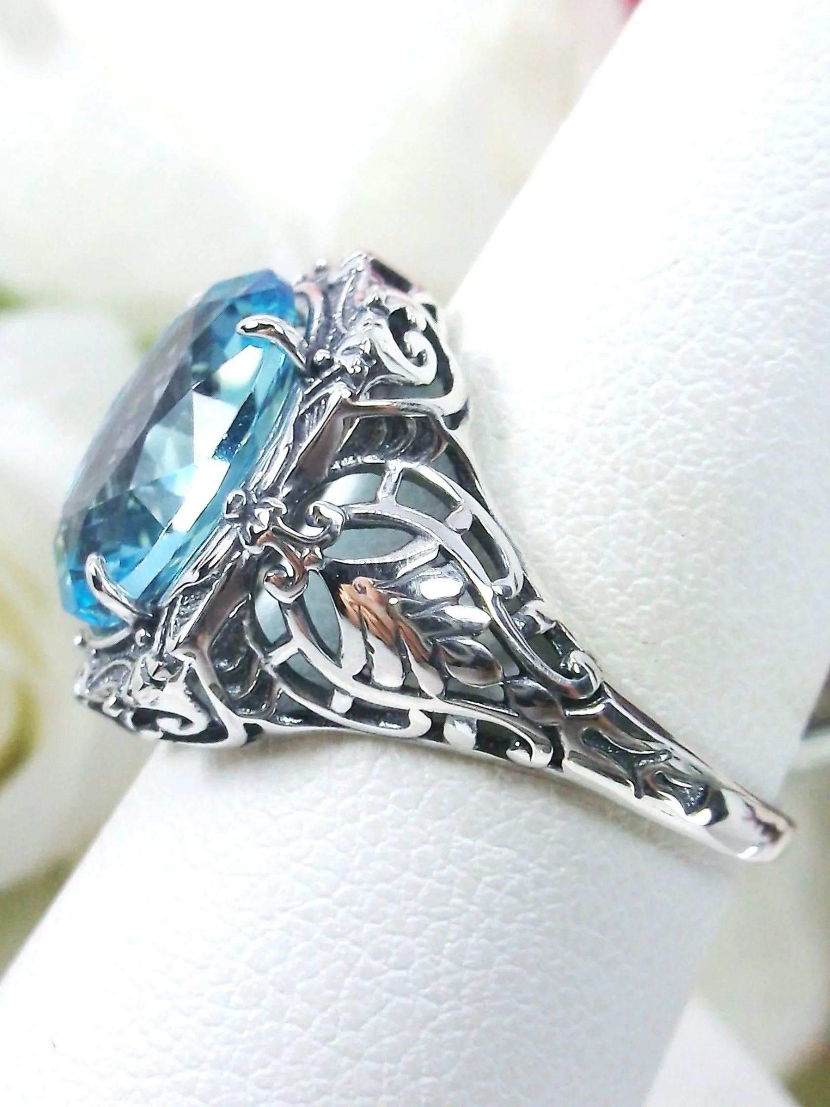Aquamarine Ring, Oval Art Nouveau Style, Vintage Sterling Silver Filigree Ring, Beauty Ring, D229