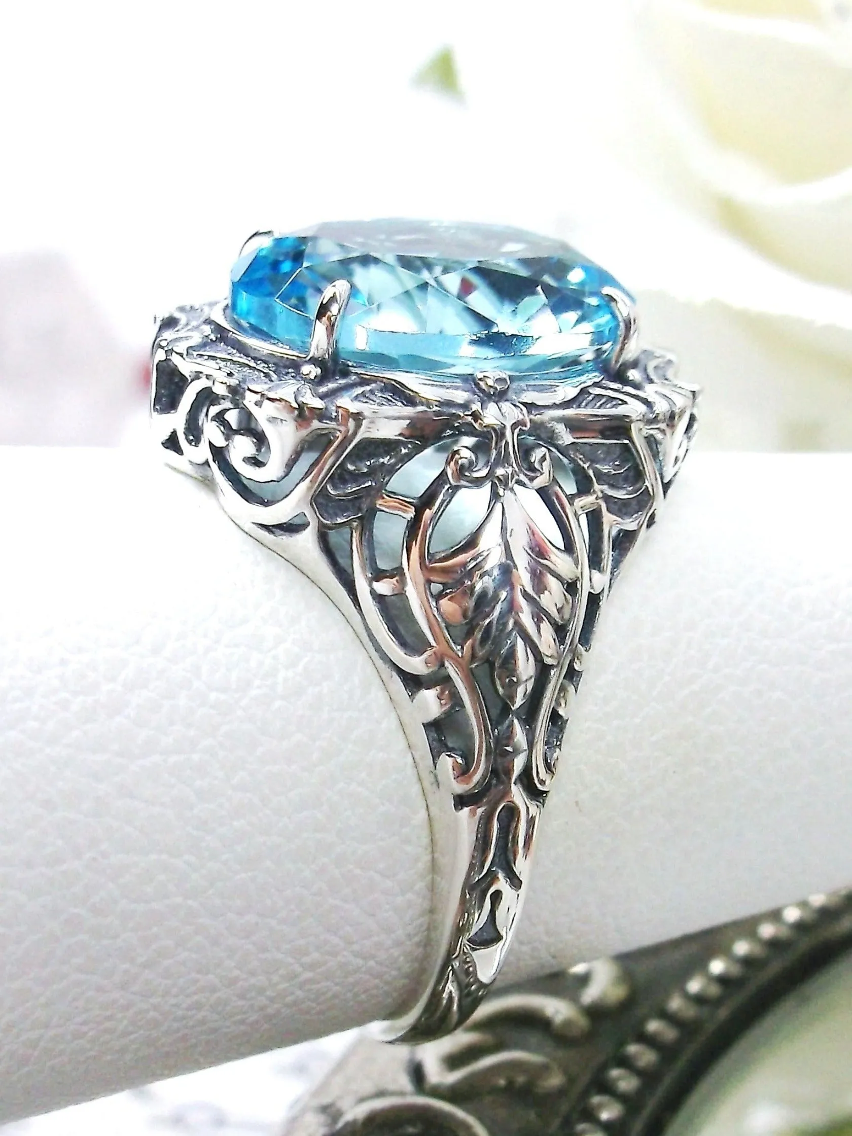 Aquamarine Ring, Oval Art Nouveau Style, Vintage Sterling Silver Filigree Ring, Beauty Ring, D229