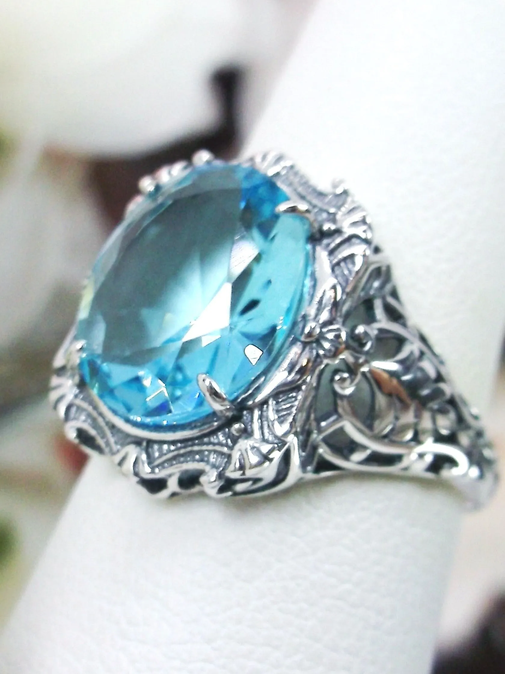 Aquamarine Ring, Oval Art Nouveau Style, Vintage Sterling Silver Filigree Ring, Beauty Ring, D229