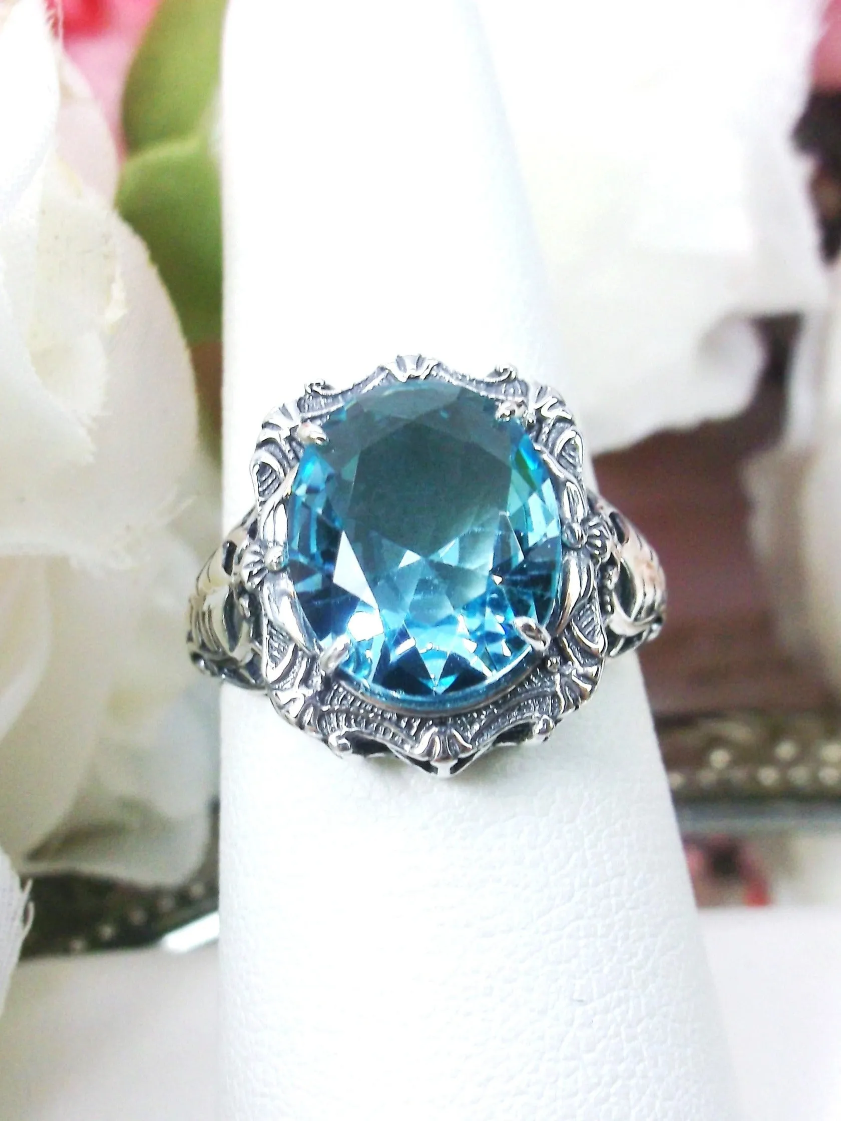 Aquamarine Ring, Oval Art Nouveau Style, Vintage Sterling Silver Filigree Ring, Beauty Ring, D229