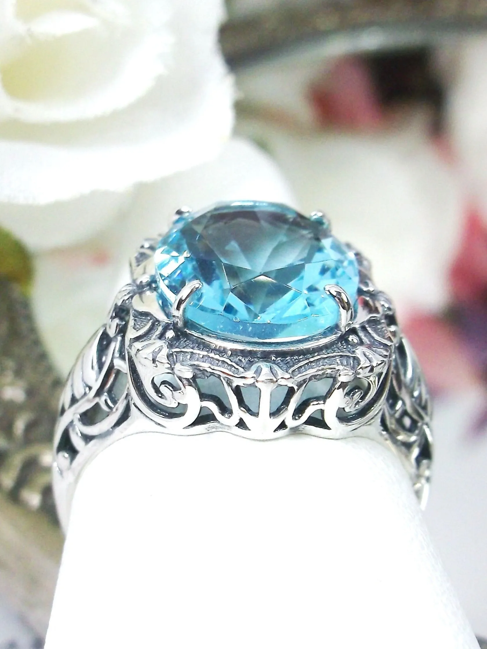 Aquamarine Ring, Oval Art Nouveau Style, Vintage Sterling Silver Filigree Ring, Beauty Ring, D229