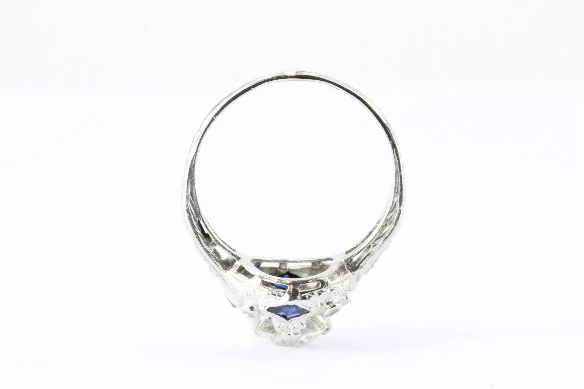Art Deco Platinum Sapphire 1.27 Carat Old European Diamond Engagement Ring c.1925