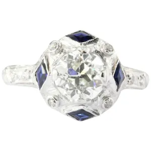 Art Deco Platinum Sapphire 1.27 Carat Old European Diamond Engagement Ring c.1925