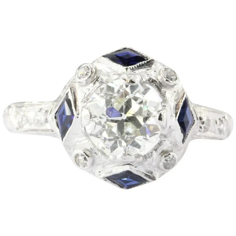 Art Deco Platinum Sapphire 1.27 Carat Old European Diamond Engagement Ring c.1925