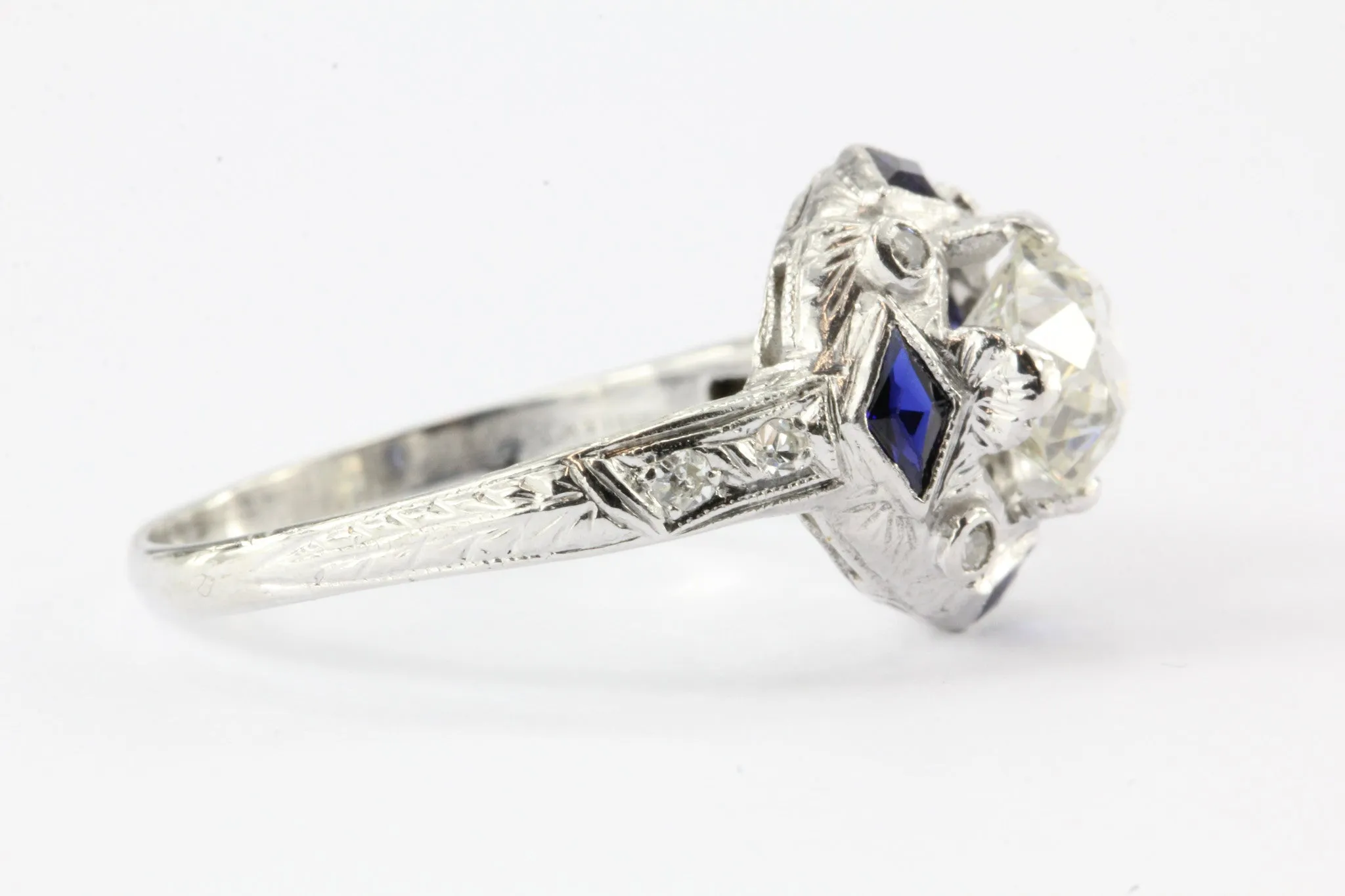Art Deco Platinum Sapphire 1.27 Carat Old European Diamond Engagement Ring c.1925